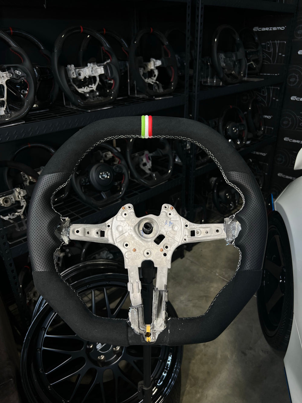 [Made to Order] BMW F-Series (M Performance Wheel) - Signature - (No Carbon) Alcantara - Perforated Leather - White Stitching - BMW M Colors Leather Stripe