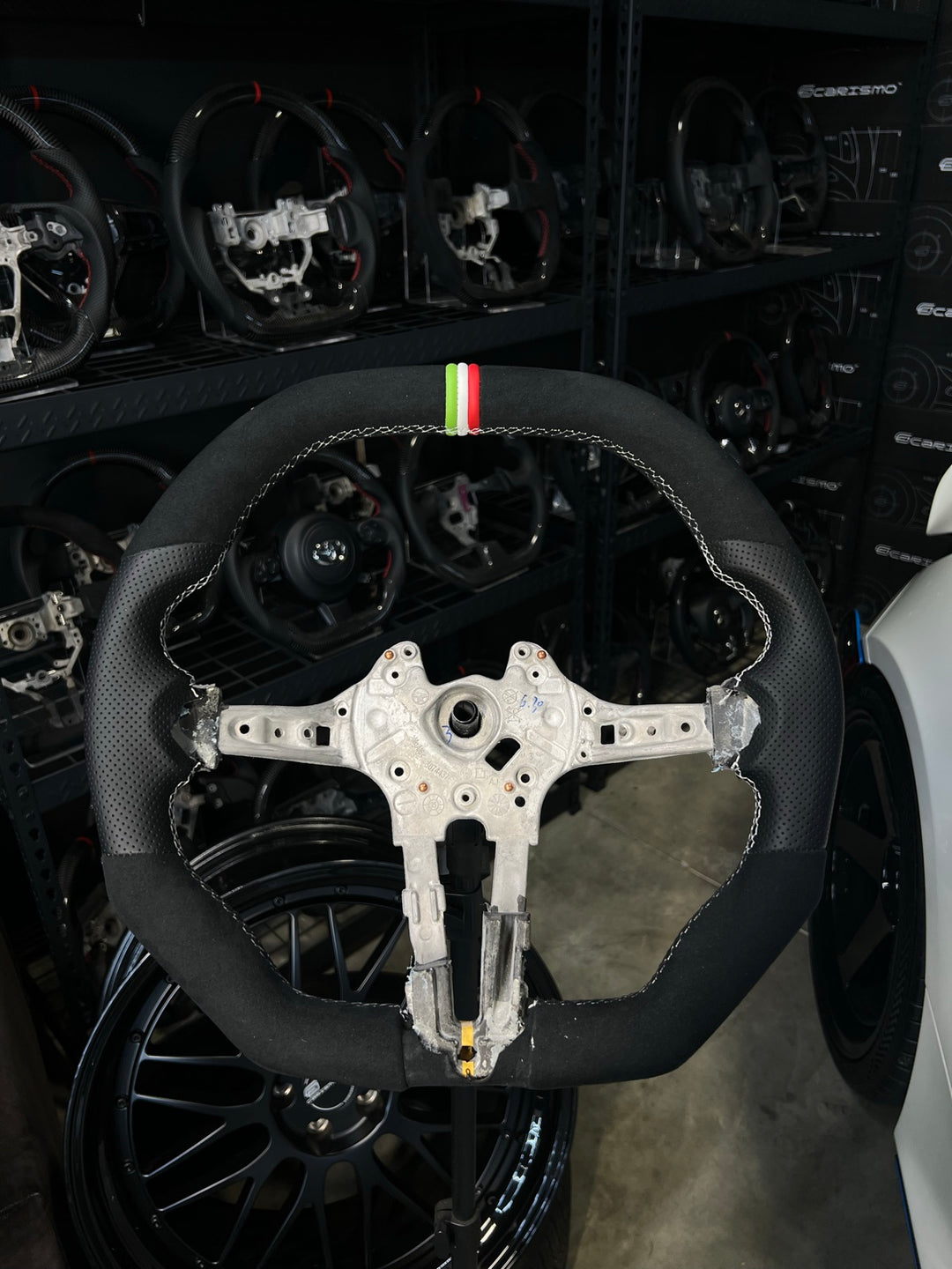 [Made to Order] BMW F-Series (M Performance Wheel) - Signature - (No Carbon) Alcantara - Perforated Leather - White Stitching - BMW M Colors Leather Stripe