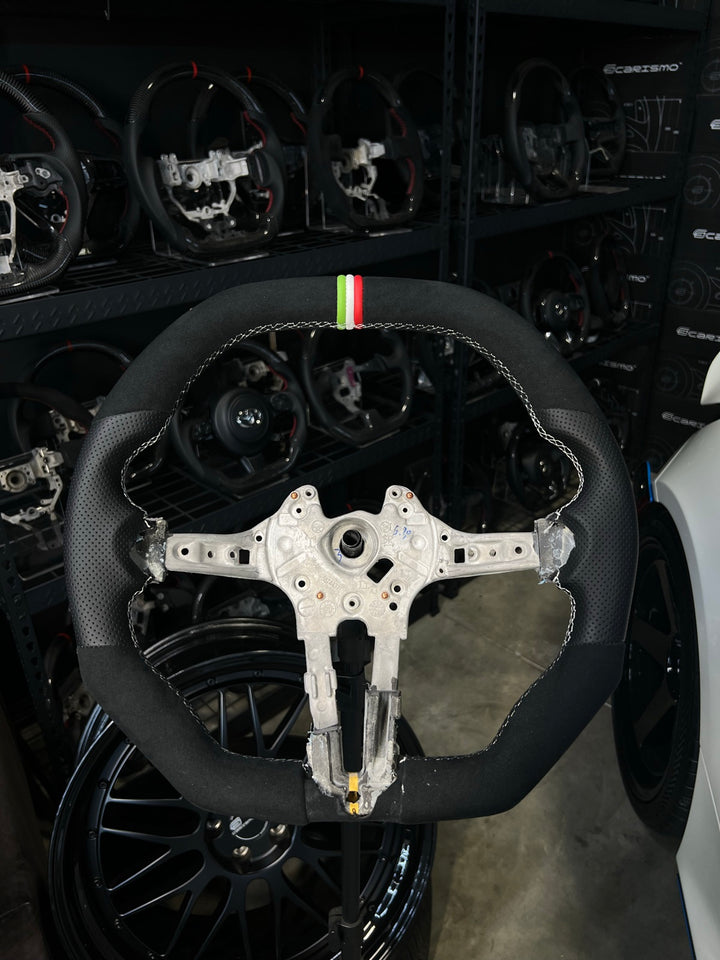 [Made to Order] BMW F-Series (M Performance Wheel) - Signature - (No Carbon) Alcantara - Perforated Leather - White Stitching - BMW M Colors Leather Stripe