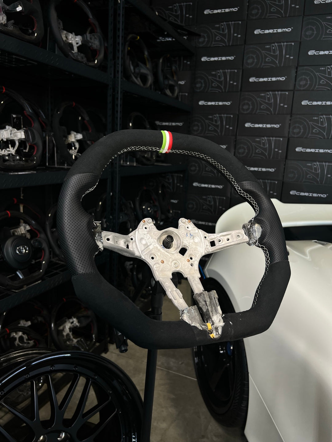 [Made to Order] BMW F-Series (M Performance Wheel) - Signature - (No Carbon) Alcantara - Perforated Leather - White Stitching - BMW M Colors Leather Stripe