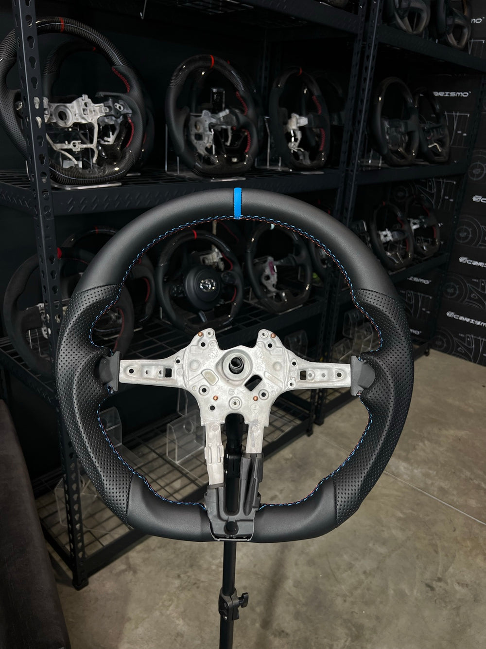 [Made to Order] BMW F-Series (M Performance Wheel) - Sport - (Full Leather) Smooth Leather - Perforated Leather - BMW M Colors Stitching - Light Blue Smooth Leather Stripe
