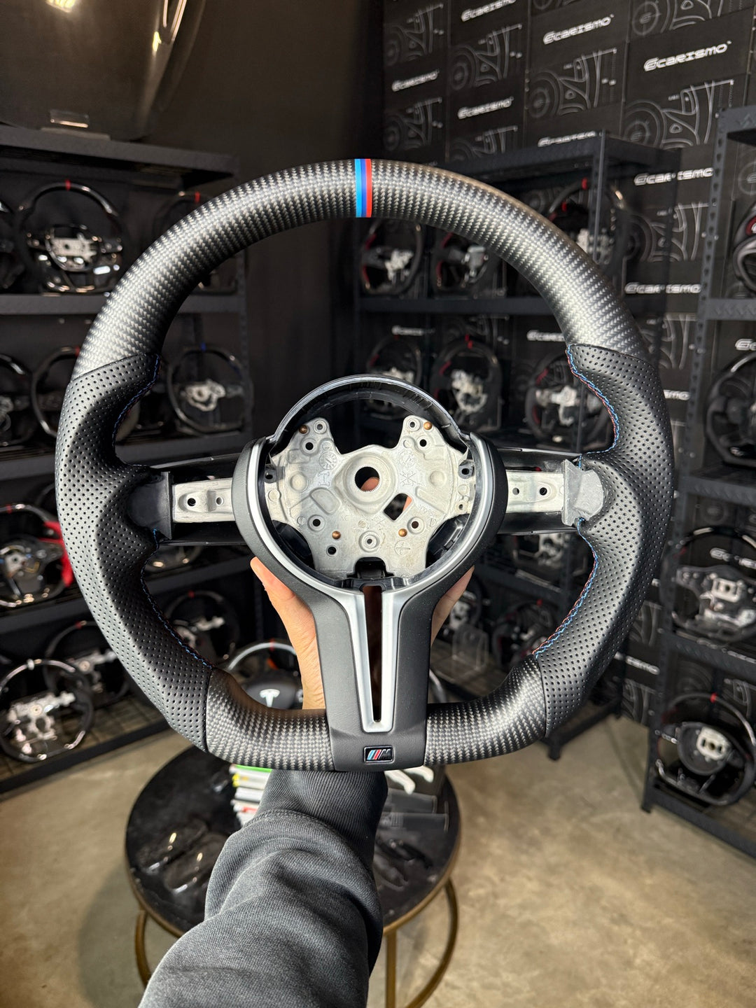 [Made to Order] BMW F-Series (M Performance Wheel) - Sport - Matte Carbon - Perforated Leather - BMW M Colors Stitching - BMW M Colors Stripe