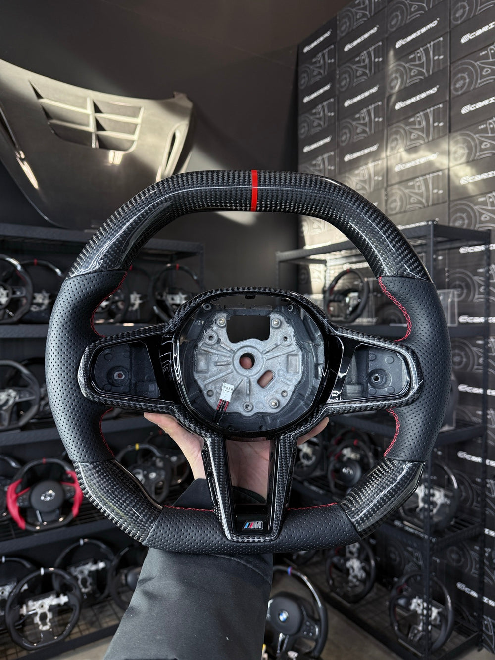 [Made to Order] BMW G-Series LCI (M Performance Wheel) - Signature - Gloss Carbon - Perforated Leather - Red Stitching - Red Stripe