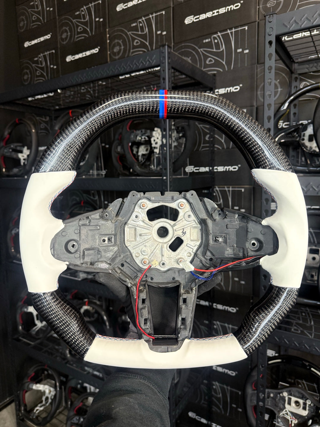 [Made to Order] BMW G-Series LCI (M Performance Wheels) - Signature - Gloss Carbon - White Smooth Leather - BMW M Colors Stitching - BMW M Colors Stripe