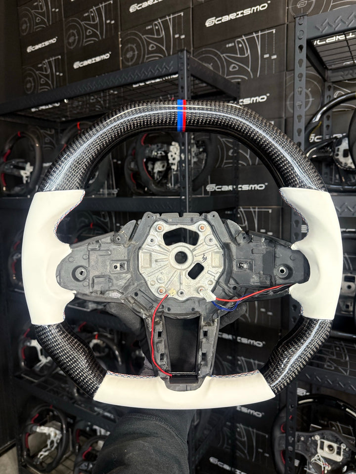 [Made to Order] BMW G-Series LCI (M Performance Wheels) - Signature - Gloss Carbon - White Smooth Leather - BMW M Colors Stitching - BMW M Colors Stripe
