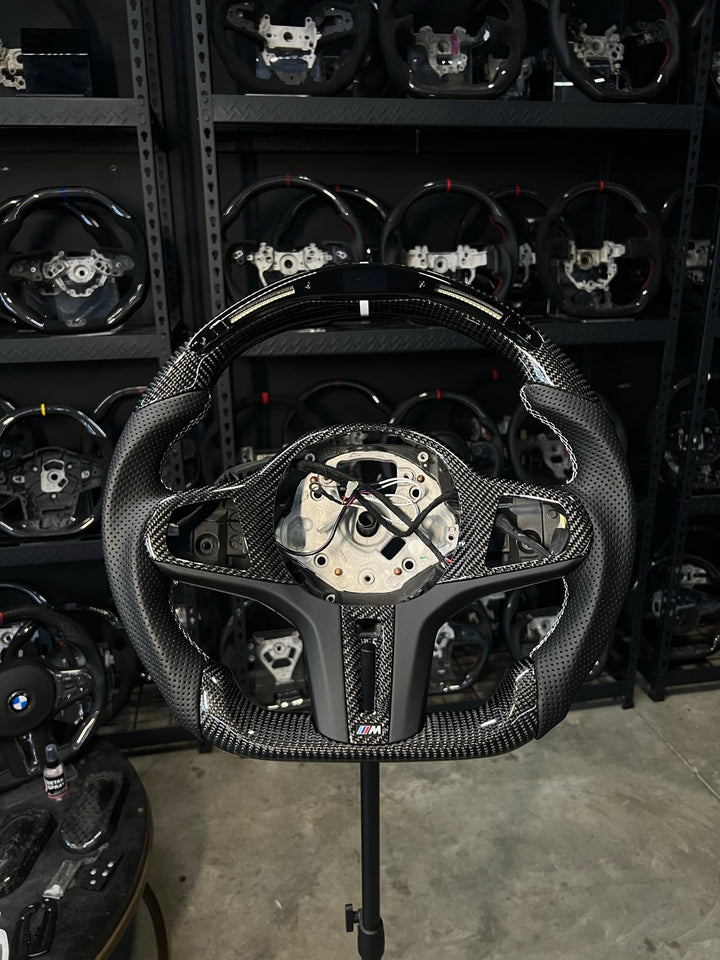 [Made to Order] BMW G-Series (M Performance Wheel) - Classic RPM LED - Gloss Carbon - Perforated Leather - White Stitching - White Stripe