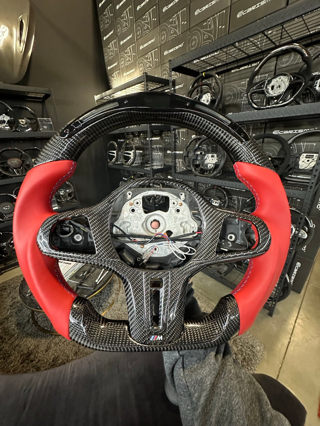 [Made to Order] BMW G-Series (M Performance Wheel) - Classic RPM LED - Gloss Carbon - Red Smooth Leather - BMW M Colors Stitching - No Stripe