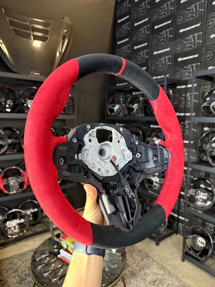 [Made to Order] BMW G-Series (M Performance Wheel) - OEM Shape - (Full Alcantara) Alcantara - Red Alcantara - BMW M Colors Stitching - Red Alcantara Stripe