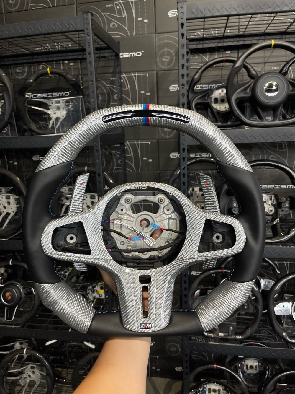 [Made to Order] BMW G-Series (M Performance Wheel) - Sequential RPM LED - Gloss Carbon with Silver Tint - Smooth Leather - BMW M Colors Stitching - BMW M Colors Stripe