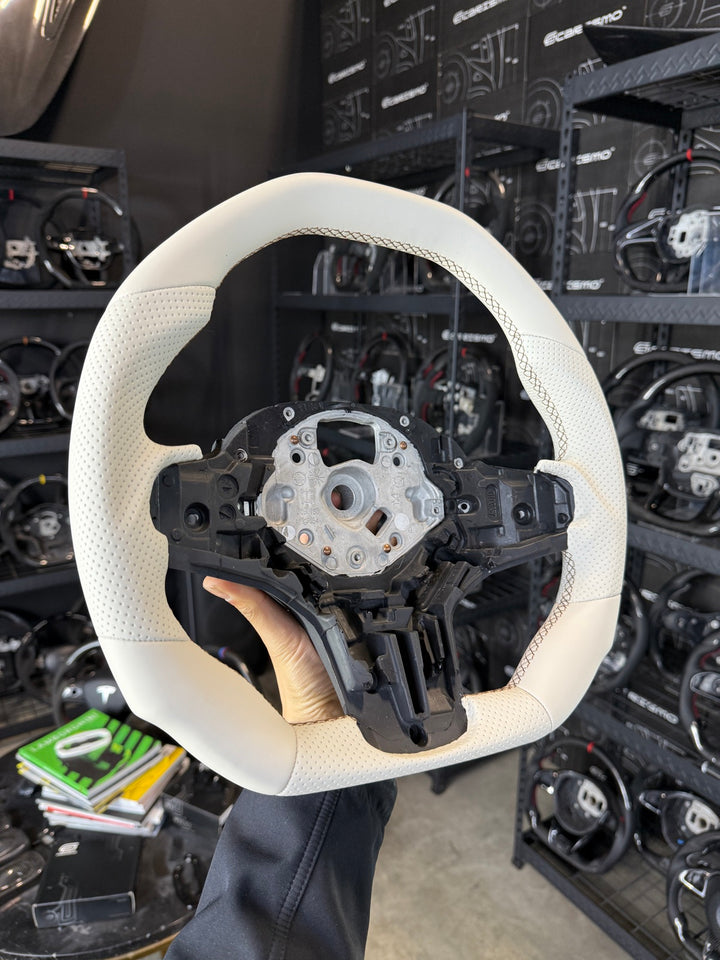 [Made to Order] BMW G-Series (M Performance Wheel) - Signature - Full Leather (White Smooth Leather) - White Perforated Leather - White Stitching - No Stripe