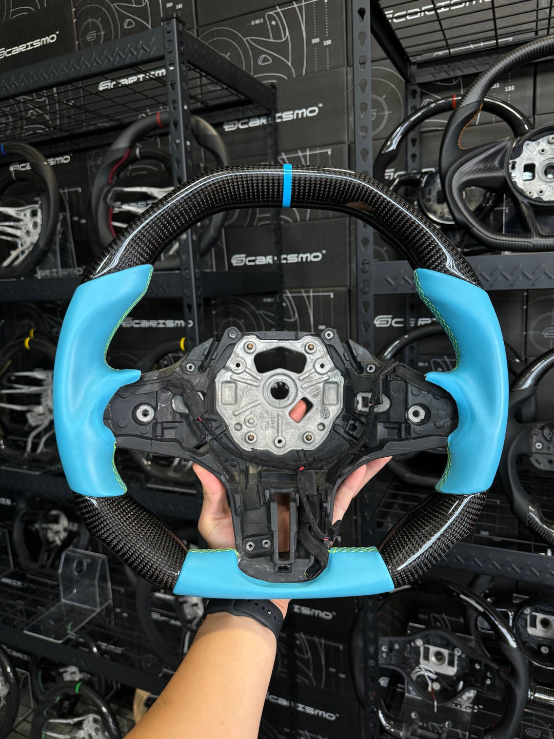 [Made to Order] BMW G-Series (M Performance Wheel) - Signature - Gloss Carbon - Light Blue Smooth Leather - Yellow Stitching - Light Blue Stripe