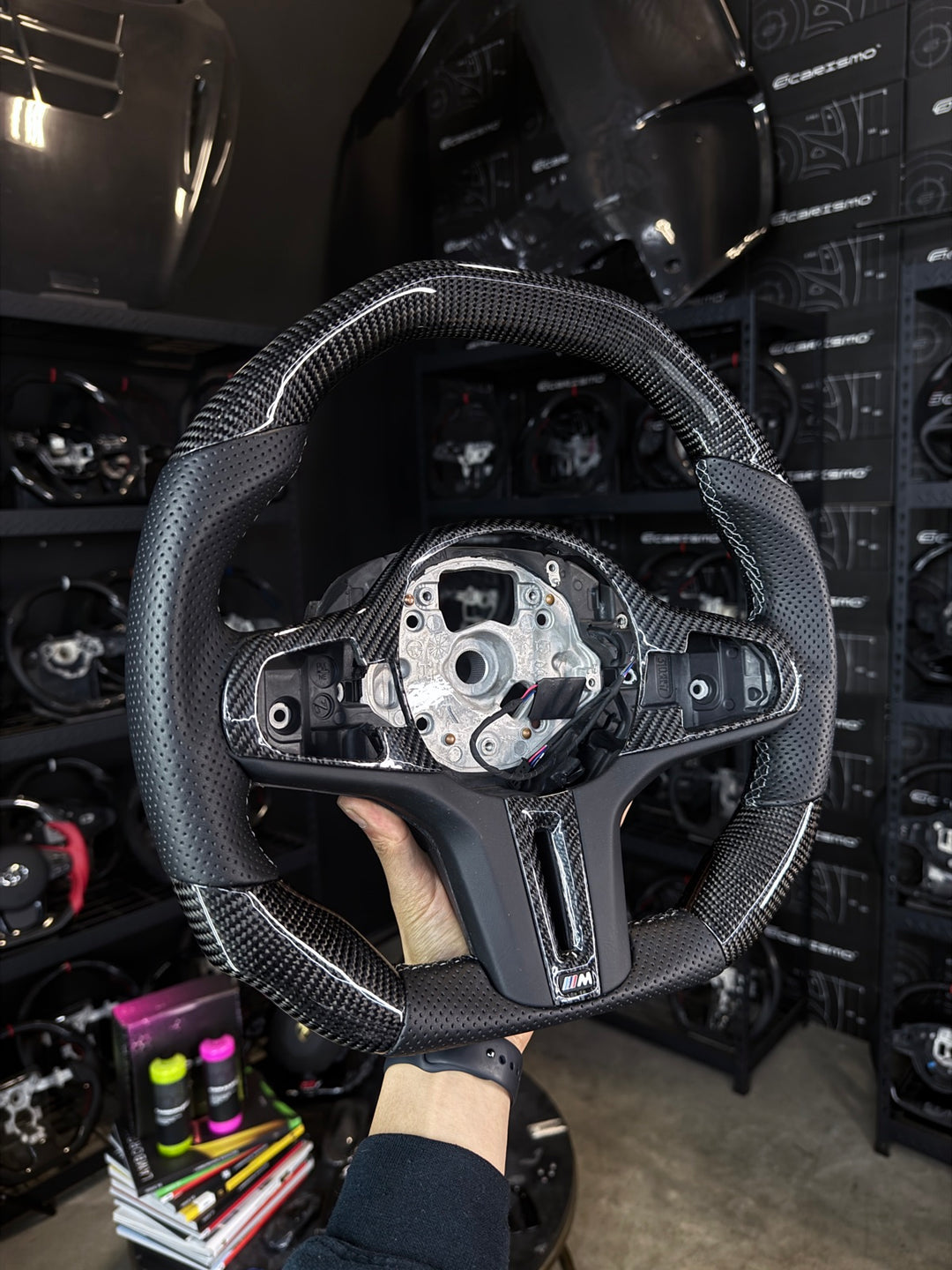 [Made to Order] BMW G-Series (M Performance Wheel) - Signature - Gloss Carbon - Perforated Leather - Grey Stitching - No Stripe