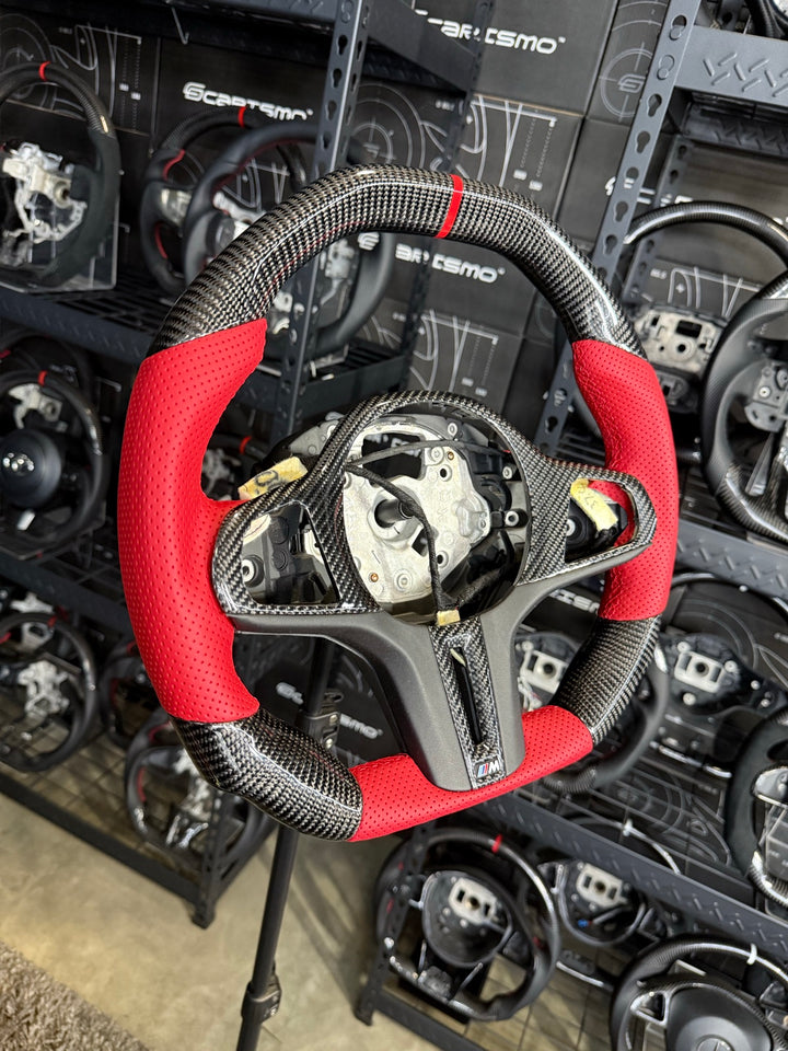 [Made to Order] BMW G-Series (M Performance Wheel) - Signature - Gloss Carbon - Red Perforated Leather - Red Stitching - Red Stripe