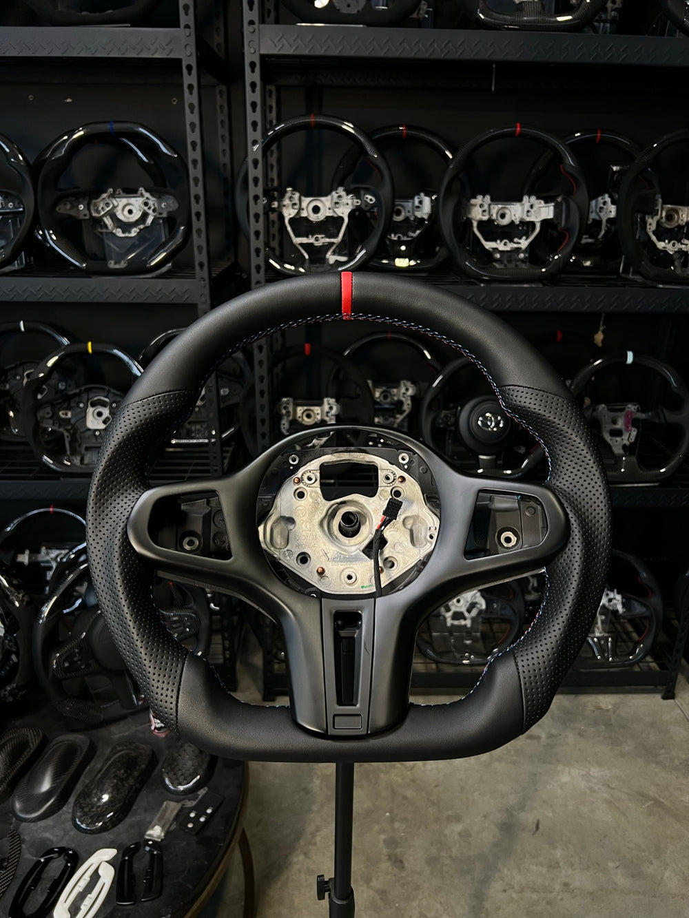 [Made to Order] BMW G-Series (M Performance Wheel) - Sport - (Full Leather) Smooth Leather - Perforated Leather - BMW M Colors Stitching - Red Smooth Leather Stripe