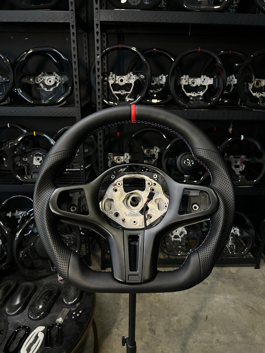 [Made to Order] BMW G-Series (M Performance Wheel) - Sport - (Full Leather) Smooth Leather - Perforated Leather - BMW M Colors Stitching - Red Smooth Leather Stripe