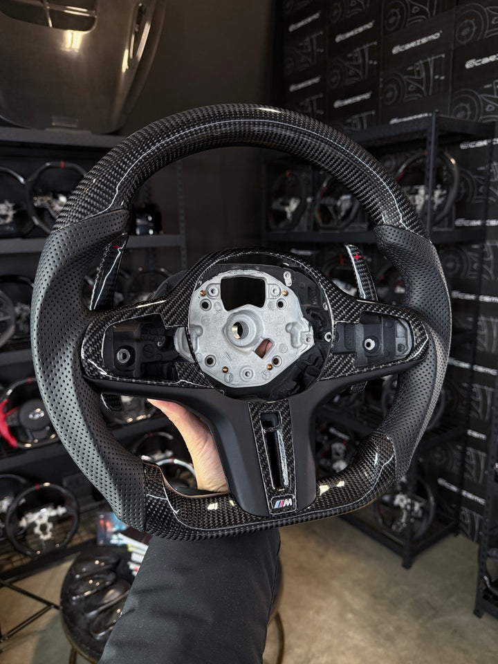 [Made to Order] BMW G-Series (M Performance Wheel) - Sport - Gloss Carbon - Perforated Leather - Black Stitching - No Stripe