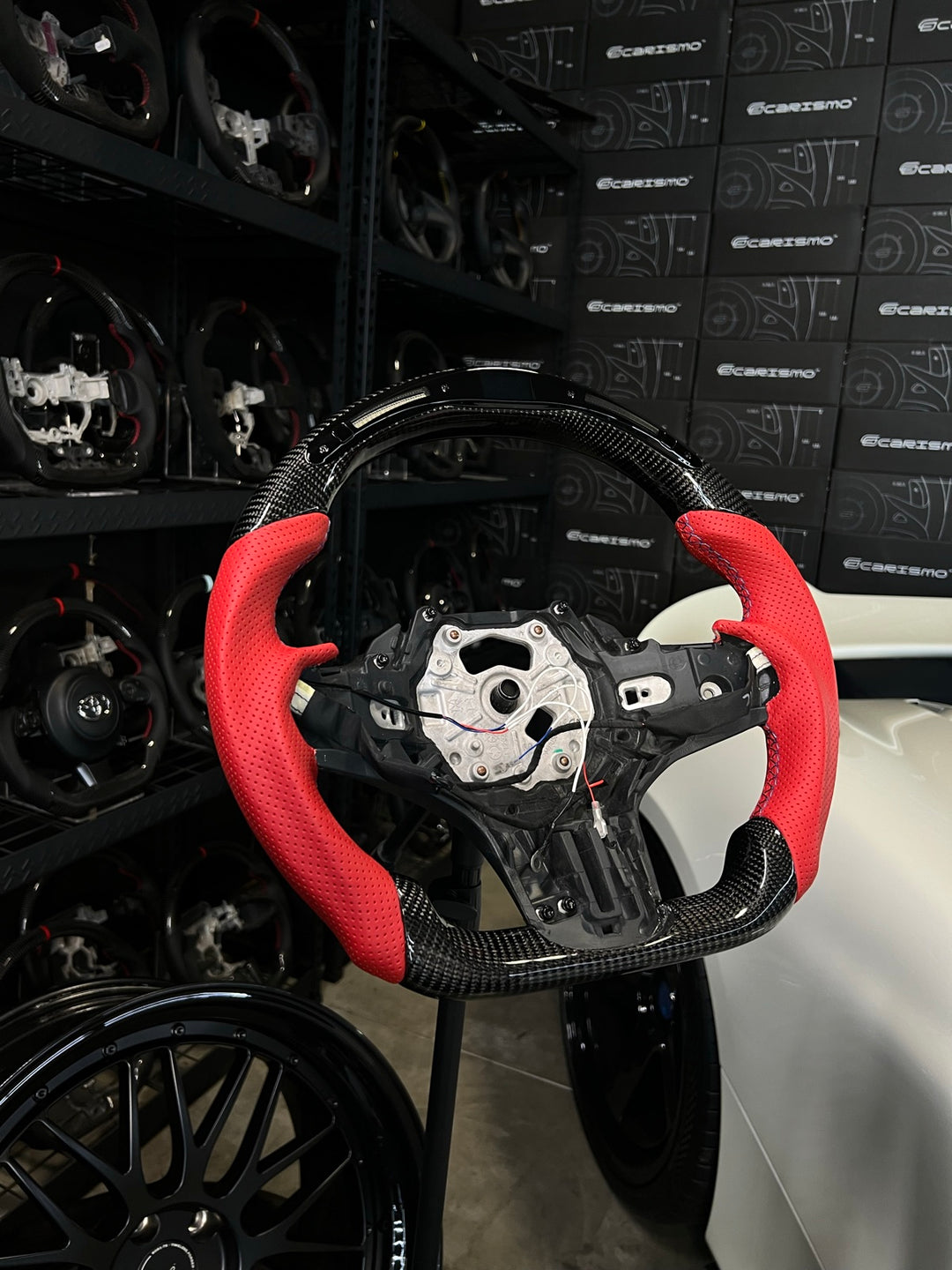 [Made to Order] BMW G-Series (M Performance Wheels) - Classic RPM LED - Gloss Carbon - Red Perforated Leather - BMW M Colors Stitching - No Stripe