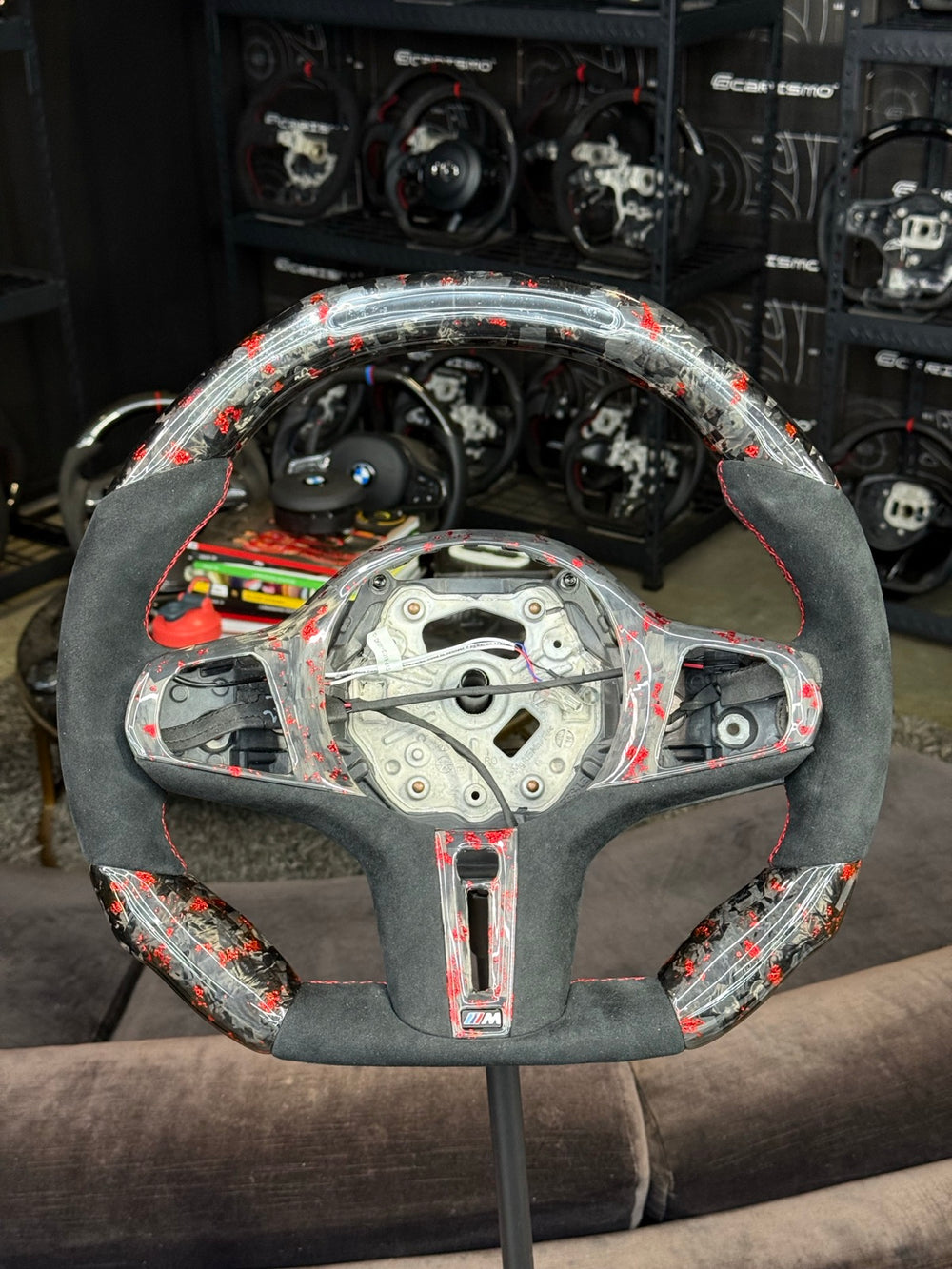 [Made to Order] BMW G-Series (M Performance Wheels) - Sequential RPM LED - Gloss Forged Carbon with Red Flakes - Alcantara - Red Stitching - No Stripe