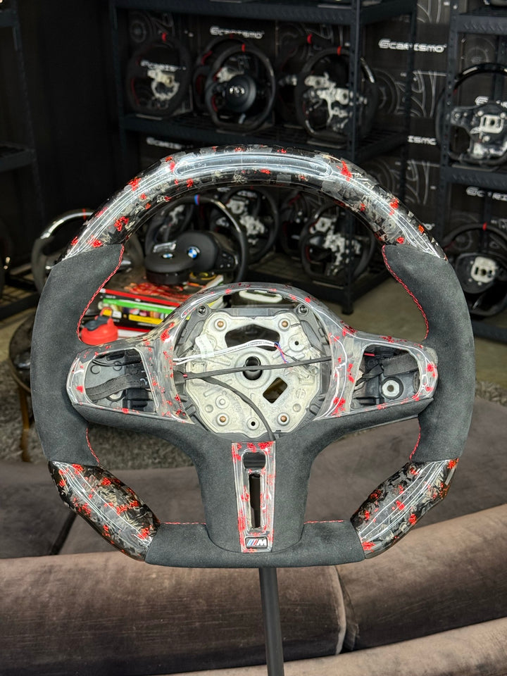 [Made to Order] BMW G-Series (M Performance Wheels) - Sequential RPM LED - Gloss Forged Carbon with Red Flakes - Alcantara - Red Stitching - No Stripe
