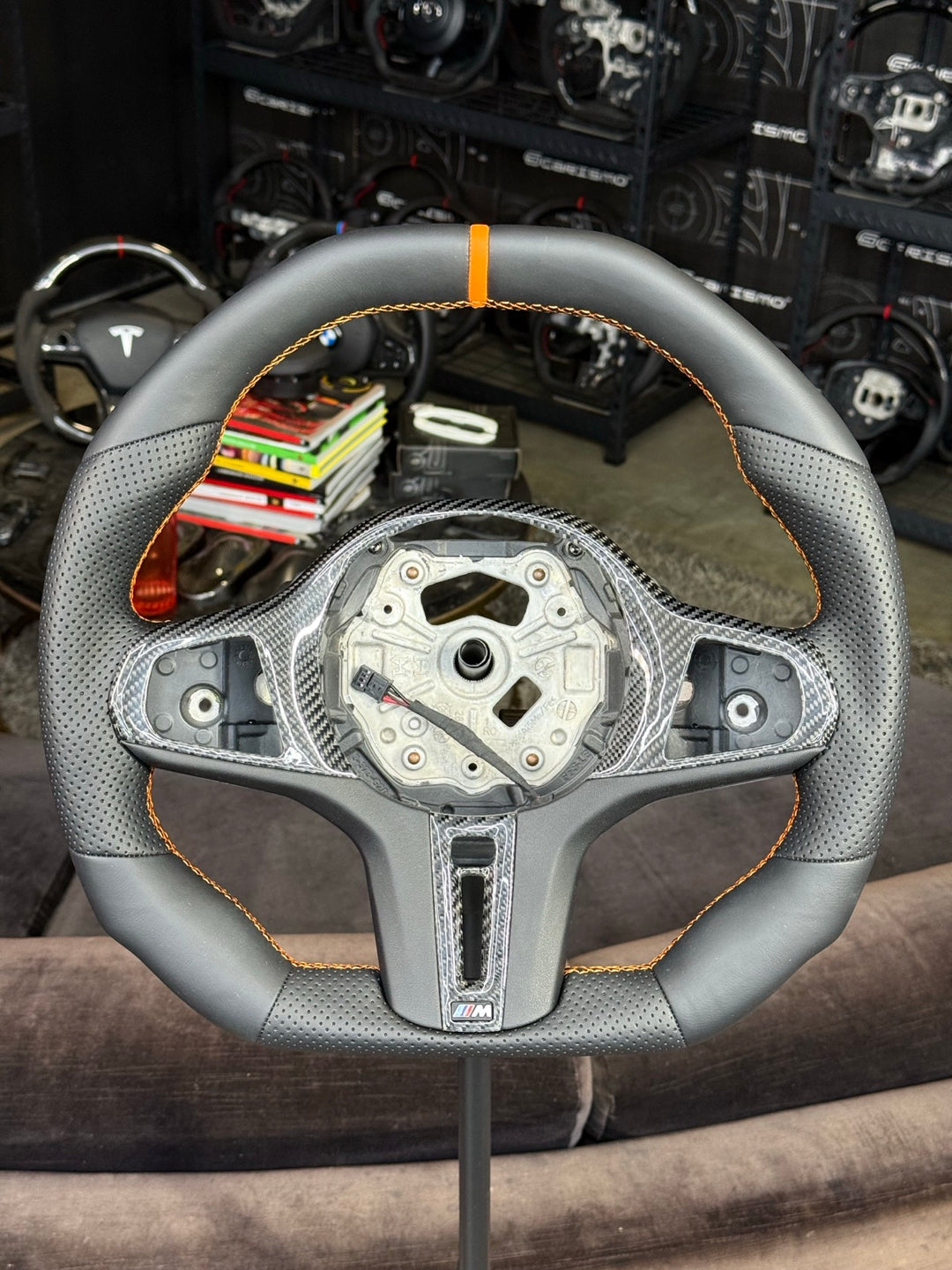 [Made to Order] BMW G-Series (M Performance Wheels) - Signature - (Full Leather) Smooth Leather - Perforated Leather - Orange Stitching - Orange Smooth Leather Stripe