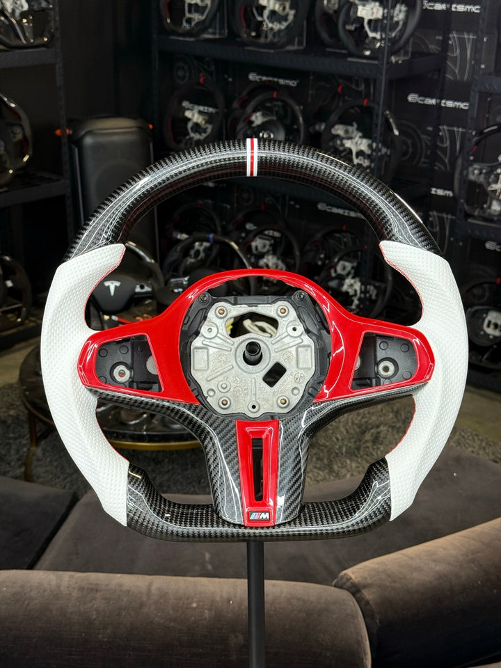 [Made to Order] BMW G-Series (M Performance Wheels) - Sport - Gloss Carbon - White Perforated Leather - Red Stitching - White/Red/White Stripe