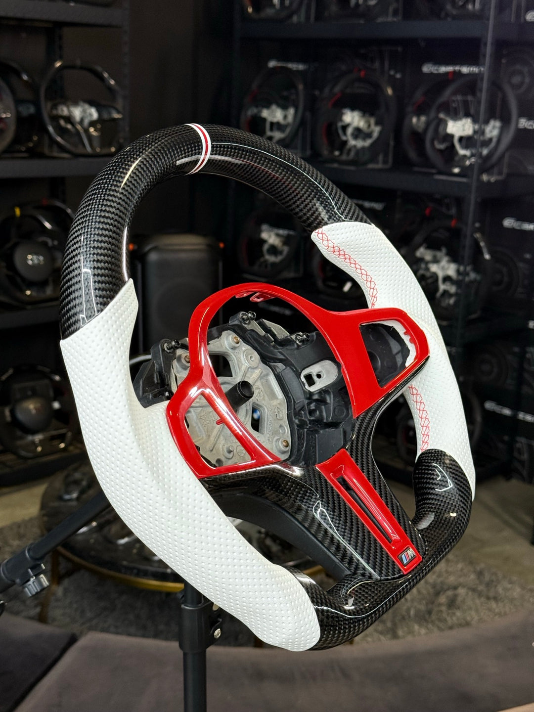 [Made to Order] BMW G-Series (M Performance Wheels) - Sport - Gloss Carbon - White Perforated Leather - Red Stitching - White/Red/White Stripe