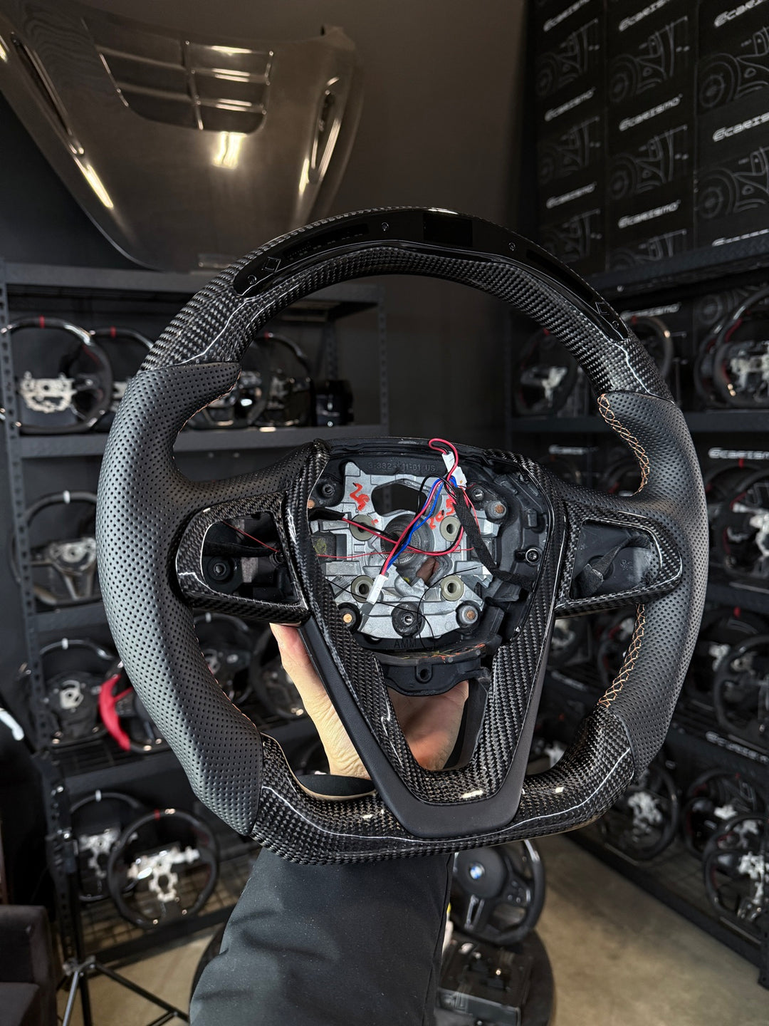 [Made to Order] BMW G-Series (M Sport Wheel) - Classic RPM LED - Gloss Carbon - Perforated Leather - Tan Stitching - No Stripe