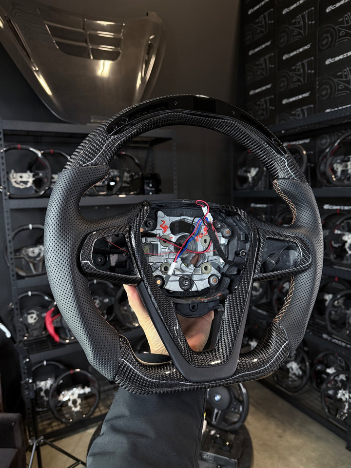 [Made to Order] BMW G-Series (M Sport Wheel) - Classic RPM LED - Gloss Carbon - Perforated Leather - Tan Stitching - No Stripe