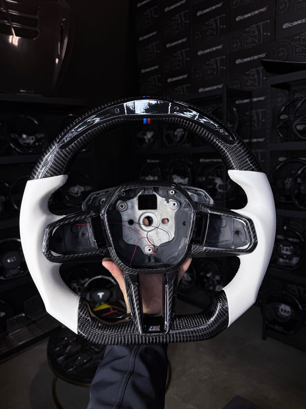 [Made to Order] BMW M5 (G90) - Classic RPM LED - Gloss Carbon - White Smooth Leather - White Stitching - BMW M Colors Stripe