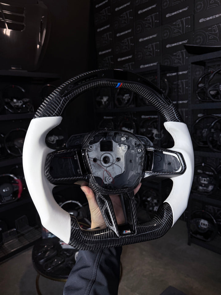 [Made to Order] BMW M5 (G90) - Classic RPM LED - Gloss Carbon - White Smooth Leather - White Stitching - BMW M Colors Stripe