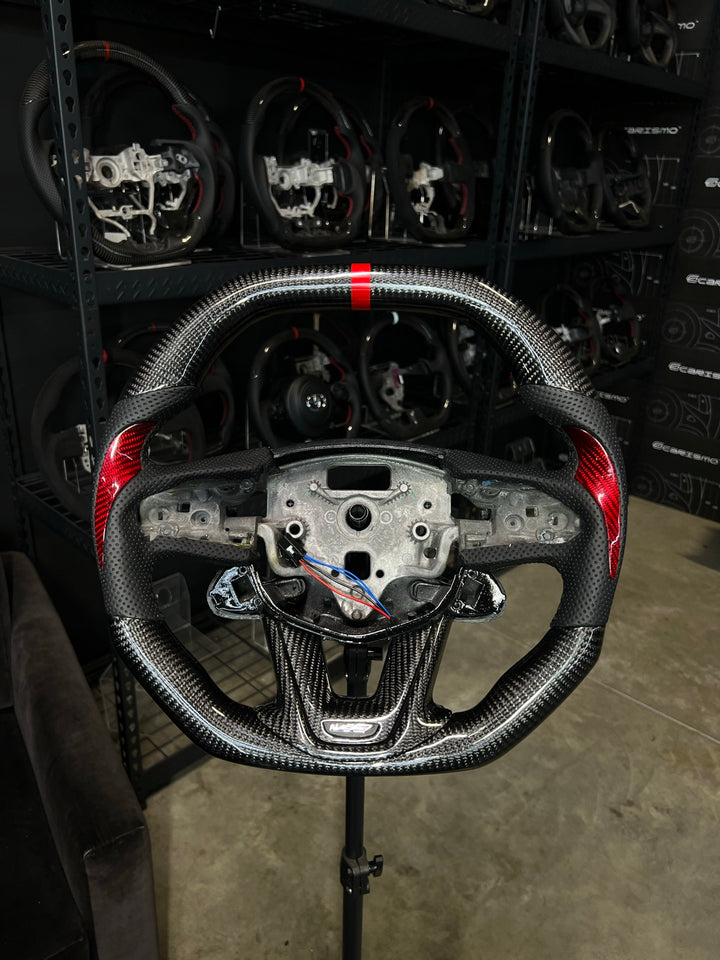 [Made to Order] Cadillac CT5 - Signature - Gloss Carbon - Perforated Leather with Carbon Thumb Grip - Black Stitching - Red Stripe