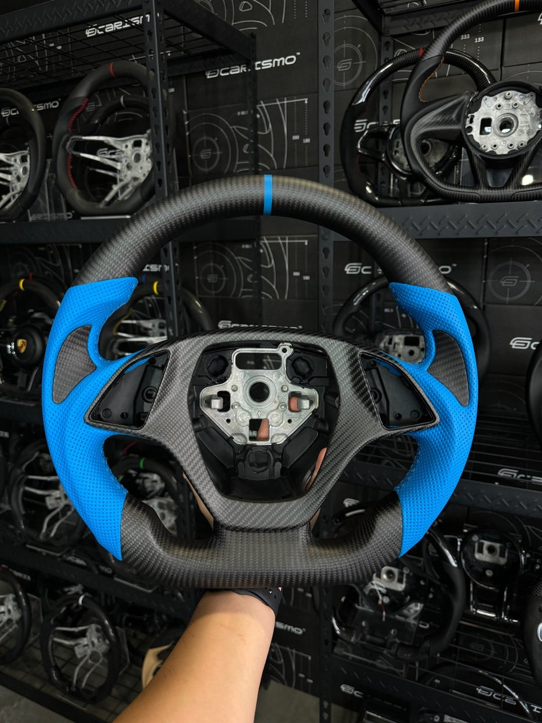 [Made to Order] Chevrolet Corvette (C7) - Sport - Matte Carbon - Light Blue Perforated Leather with Carbon Thumb Grip - Light Blue Stitching - Light Blue Stripe