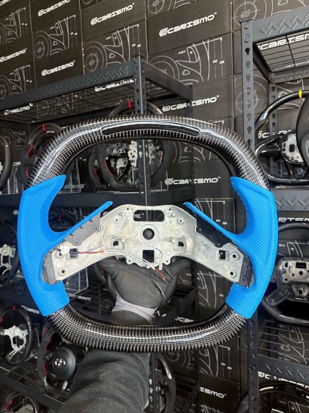 [Made to Order] Chevrolet Corvette (C8) - Sequential RPM LED - Gloss Carbon - Light Blue Perforated Leather - Light Blue Stitching - No Stripe