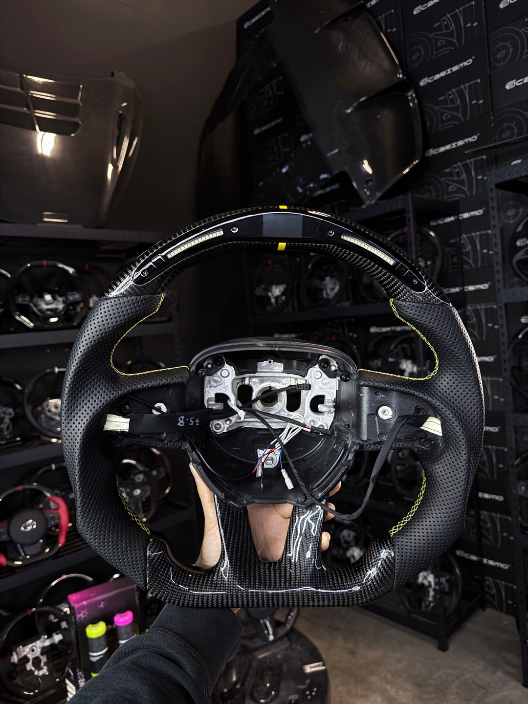 [Made to Order] Dodge / SRT (2015+) - Classic RPM LED - Gloss Carbon - Perforated Leather - Yellow Stitching - Yellow Stripe