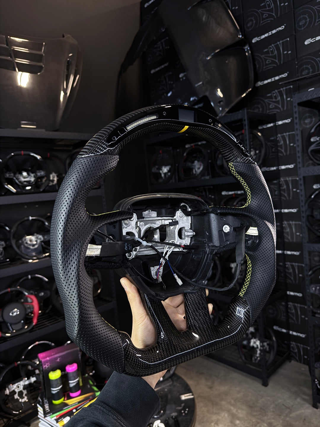 [Made to Order] Dodge / SRT (2015+) - Classic RPM LED - Gloss Carbon - Perforated Leather - Yellow Stitching - Yellow Stripe