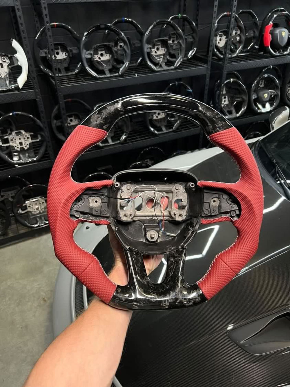 [Made to Order] Dodge / SRT (2015+) - Sequential RPM LED - Gloss Forged Carbon - Red Perforated Leather - White Stitching - No Stripe