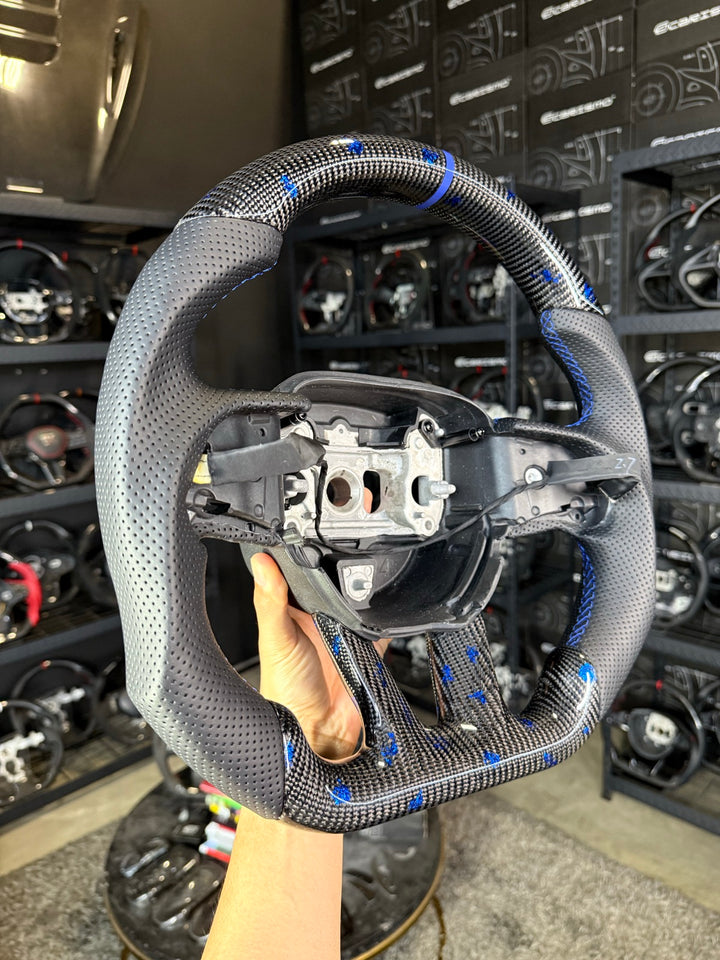 [Made to Order] Dodge / SRT (2015+) - Sport - Gloss Carbon with Blue Flakes - Perforated Leather - Blue Stitching - Blue Stripe