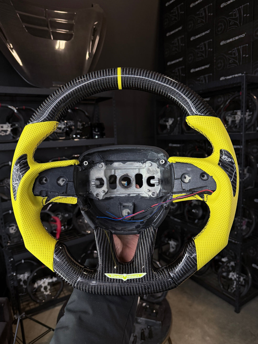 [Made to Order] Dodge / SRT (2015+) - Sport - Gloss Carbon - Yellow Perforated Leather with Carbon Thumb Grip - Black Stitching - Yellow Stripe