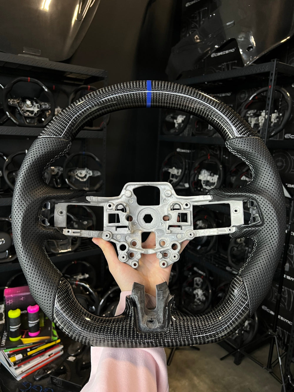[Made to Order] Ford Mustang (S550 2018 Refresh) - Sport - Gloss Carbon - Perforated Leather - Grey Stitching - Blue Stripe