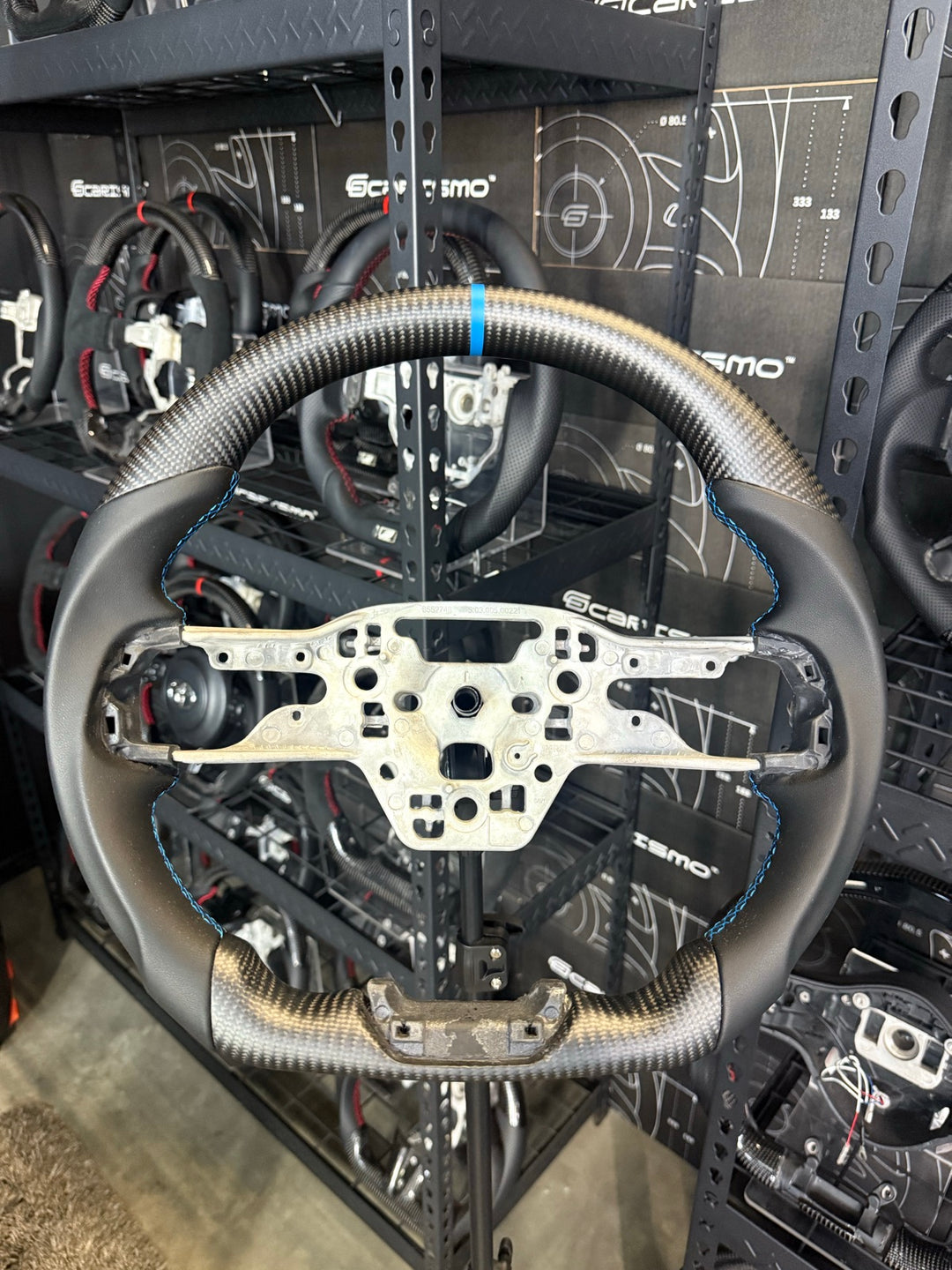[Made to Order] Ford Mustang (S650) - Sport - Matte Carbon - Smooth Leather - Light Blue Stitching - Light Blue Stripe