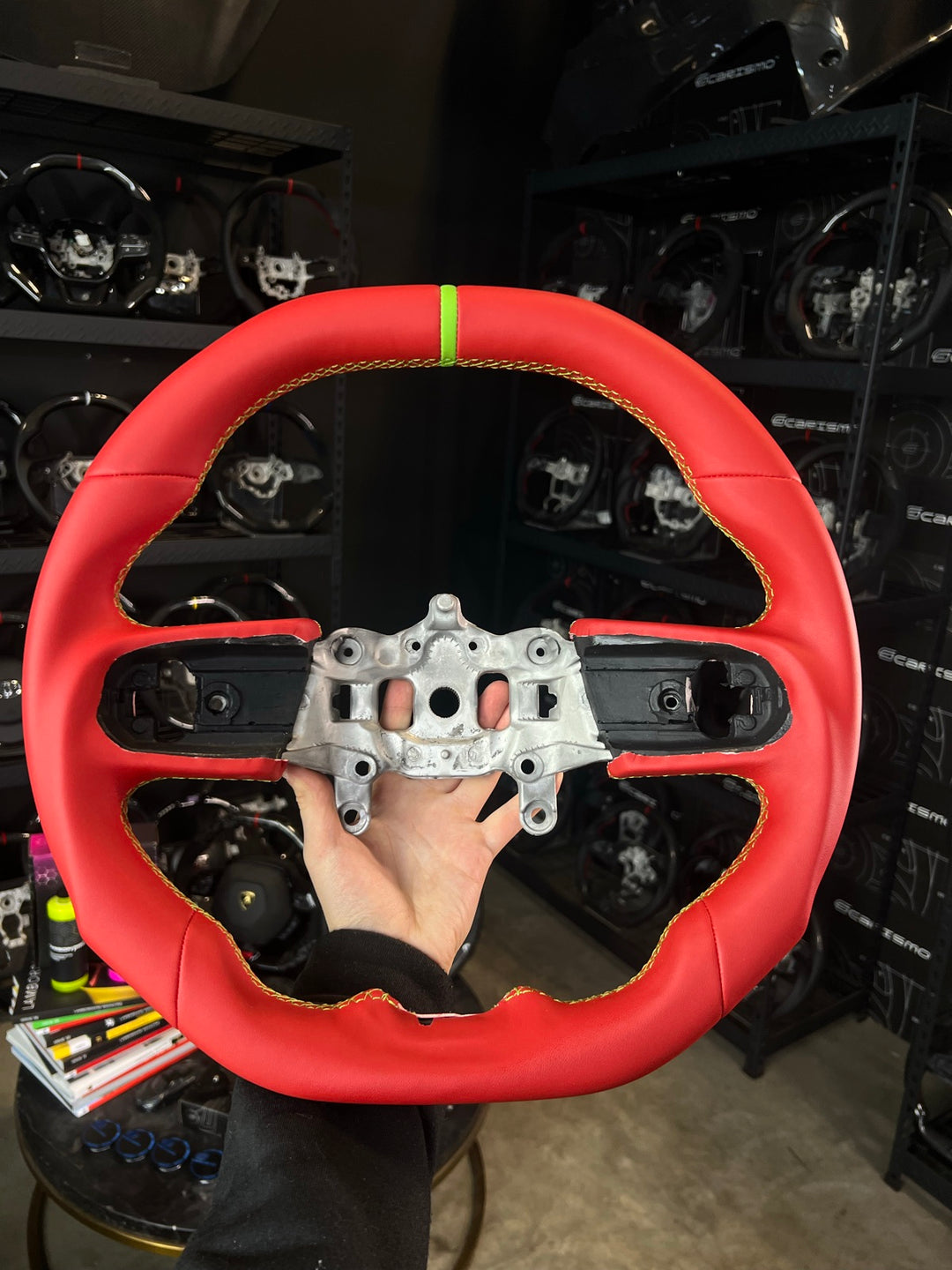 [Made to Order] Jeep Wrangler (JL) - Signature - (Full Leather) Red Smooth Leather - Red Smooth Leather - Lime Green Stitching - Lime Green Smooth Leather Stripe