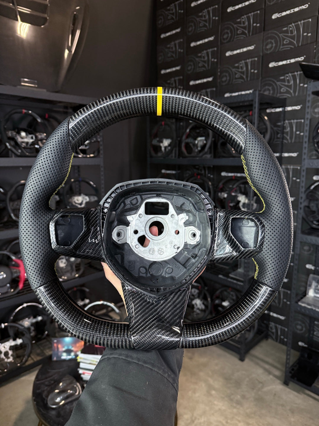 [Made to Order] Lamborghini Aventador - OEM Shape - Gloss Carbon - Perforated Leather - Yellow Stitching - Yellow Stripe