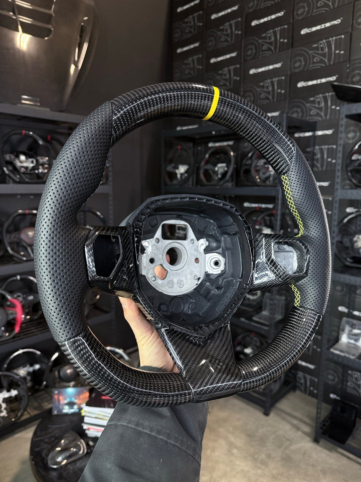 [Made to Order] Lamborghini Aventador - OEM Shape - Gloss Carbon - Perforated Leather - Yellow Stitching - Yellow Stripe