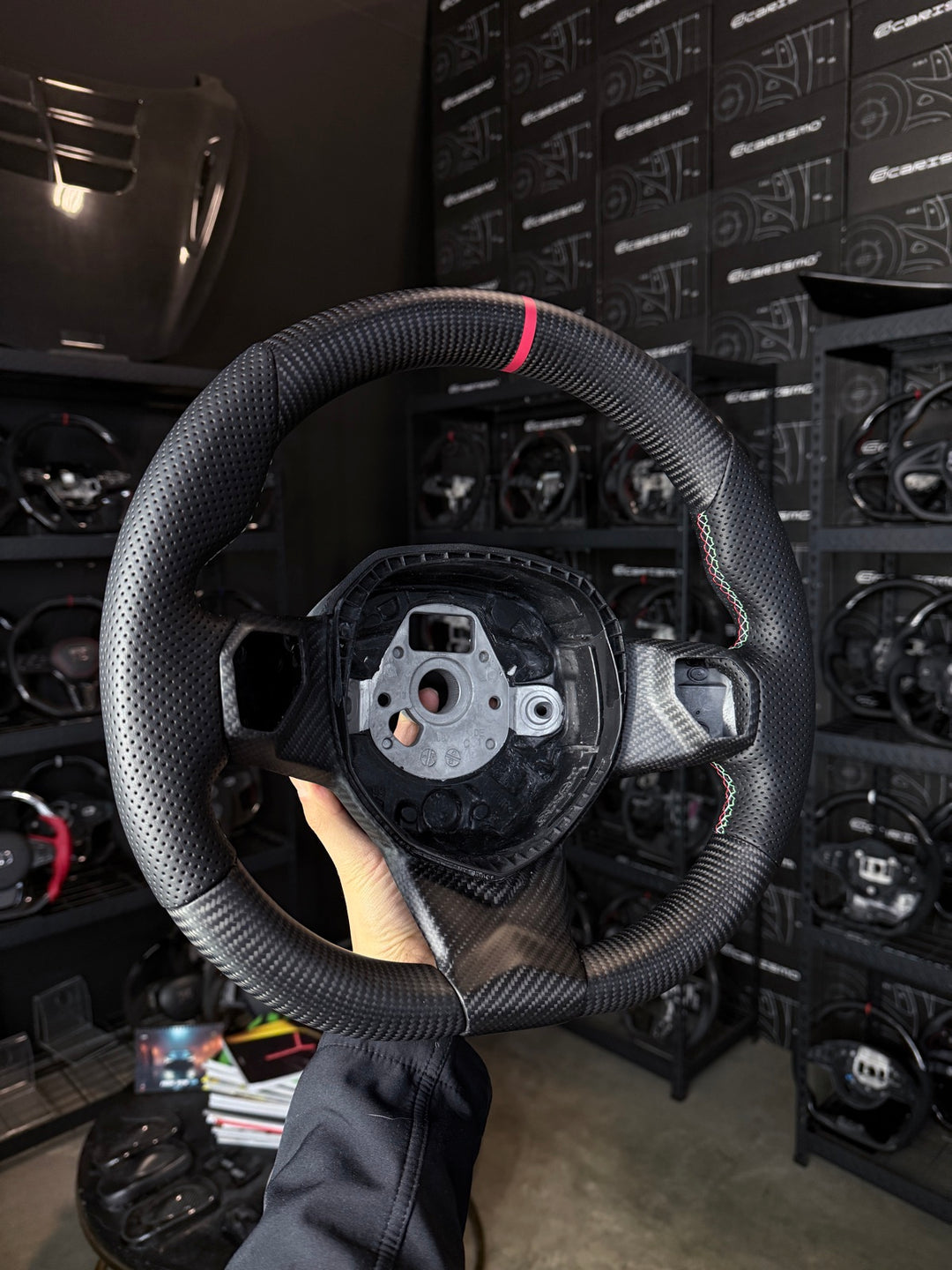[Made to Order] Lamborghini Aventador - OEM Shape - Matte Carbon - Perforated Leather - White Stitching - Red Stripe