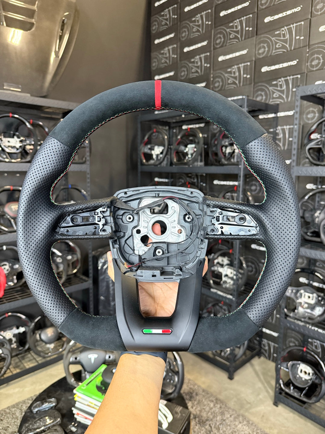 [Made to Order] Lamborghini Urus - OEM Shape - (No Carbon) Alcantara - Perforated Leather - Italian Flag Colors Stitching - Red Alcantara Stripe