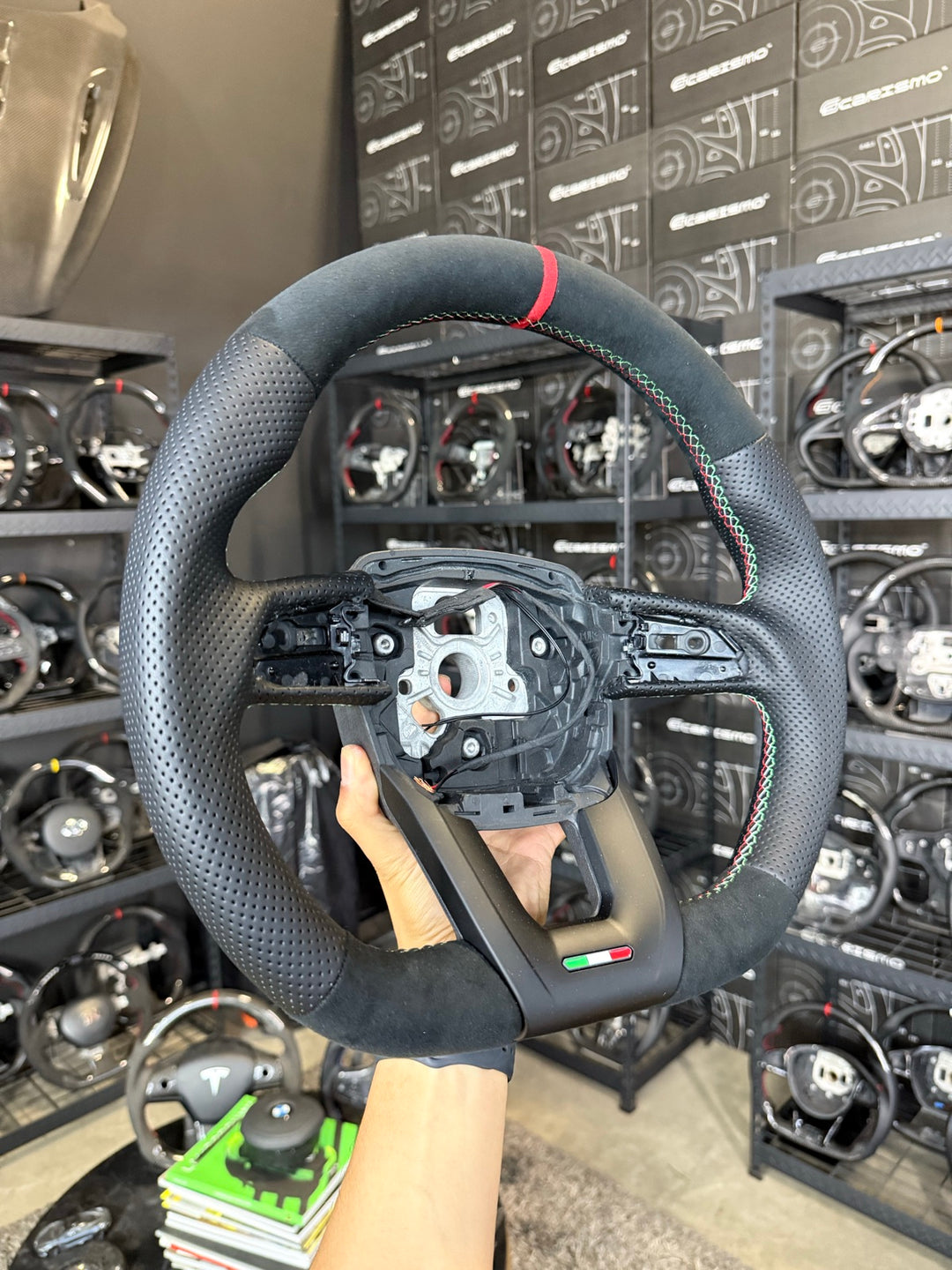 [Made to Order] Lamborghini Urus - OEM Shape - (No Carbon) Alcantara - Perforated Leather - Italian Flag Colors Stitching - Red Alcantara Stripe