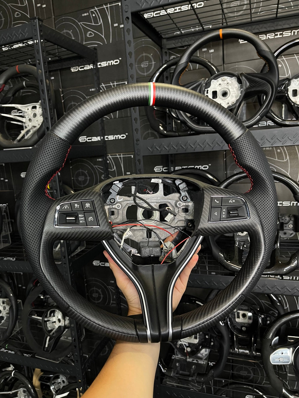 [Made to Order] Maserati Quattroporte - OEM Shape - Matte Carbon - Perforated Leather - Red Stitching - Italian Flag Colors Stripe
