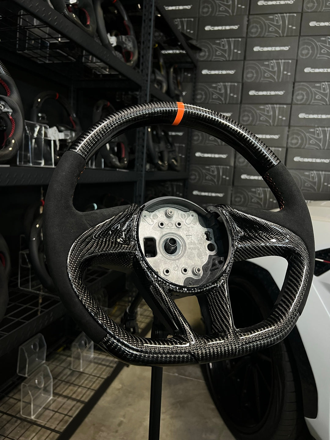 [Made to Order] McLaren Super Series - OEM Shape - Gloss Carbon - Alcantara - Orange Stitching - Orange Stripe