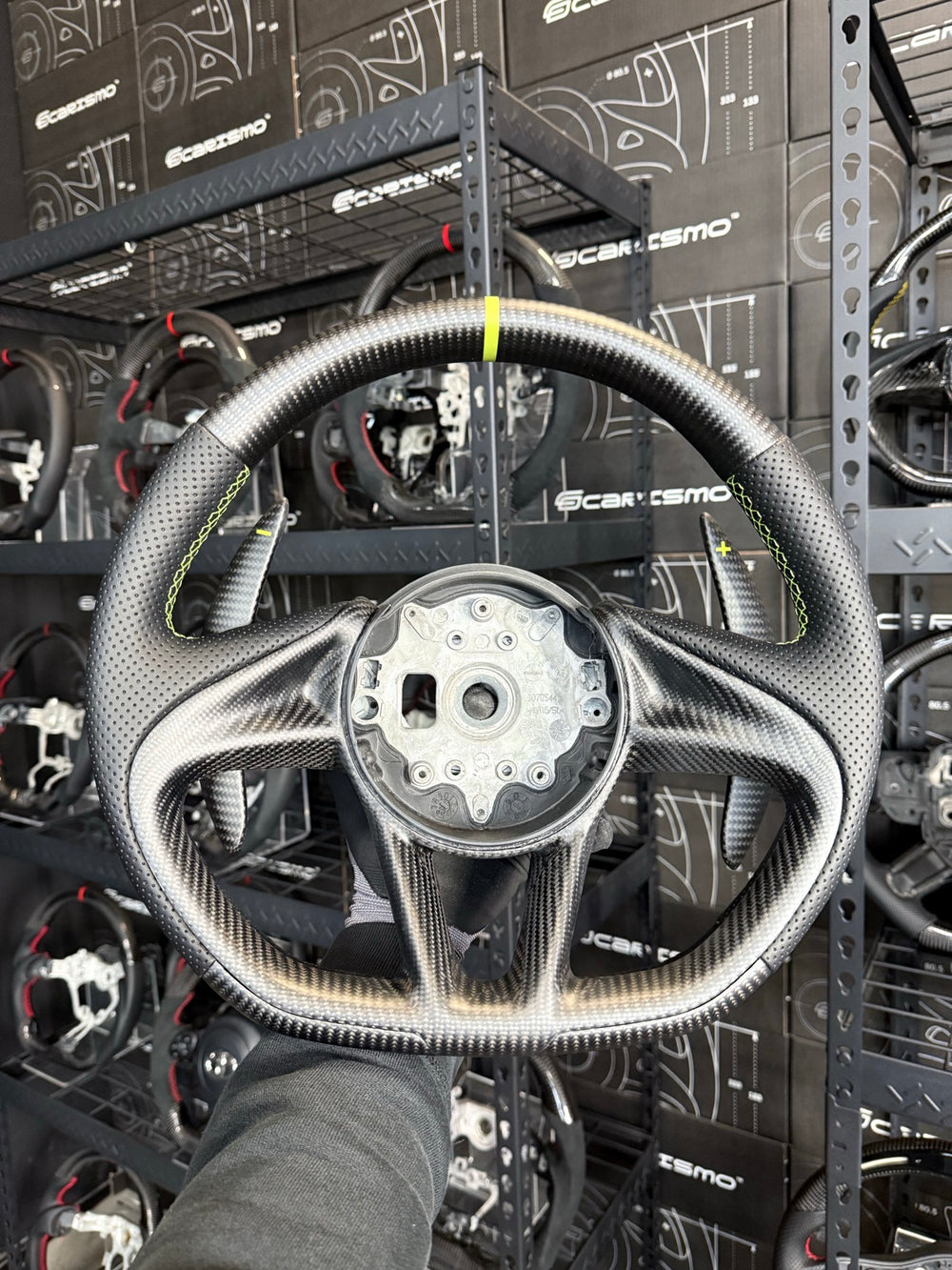 [Made to Order] McLaren Super Series - OEM Shape - Matte Carbon - Perforated Leather - Lime Green Stitching - Lime Green Stripe