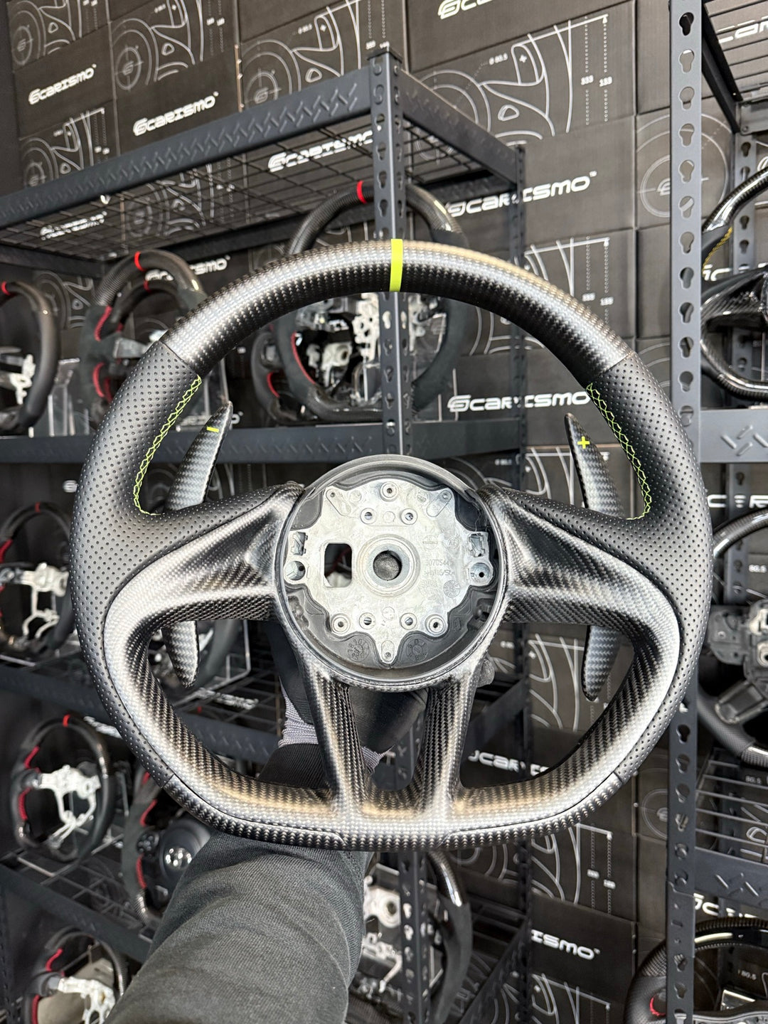 [Made to Order] McLaren Super Series - OEM Shape - Matte Carbon - Perforated Leather - Lime Green Stitching - Lime Green Stripe